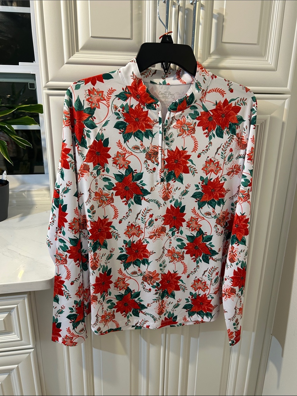 Coral Bay White Long-Sleeve Quarter-Zip Top with Red Floral Print